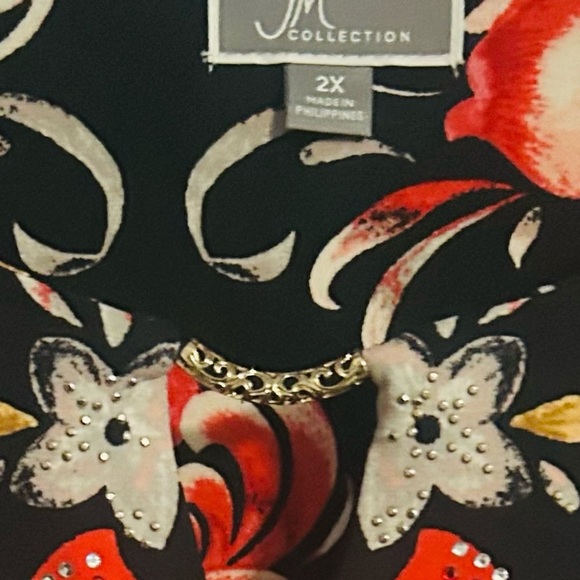 JM Collection Keyhole Neck Flared Tunic 3/4 Sleeve Floral Print w/Rhinestones 2X - Picture 5 of 7